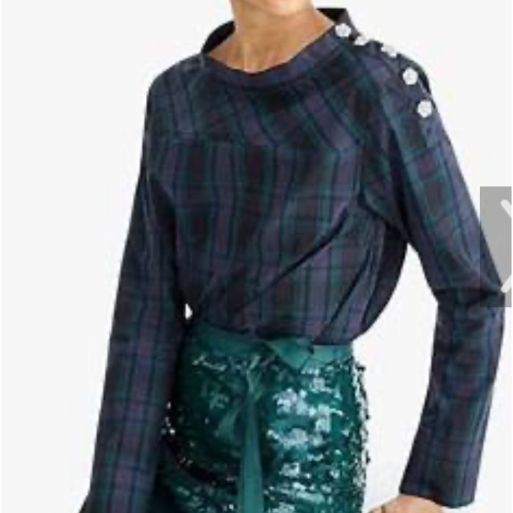 J Crew black watch plaid tunic with rhinestone buttons at shoulder